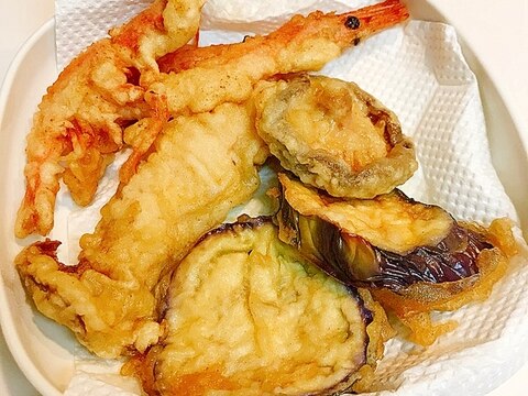 有頭海老ときのこと茄子の天ぷら♪サクサク揚げ